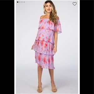 Pinkblush Maternity Lavender Floral Pleated off shoulder tiered dress